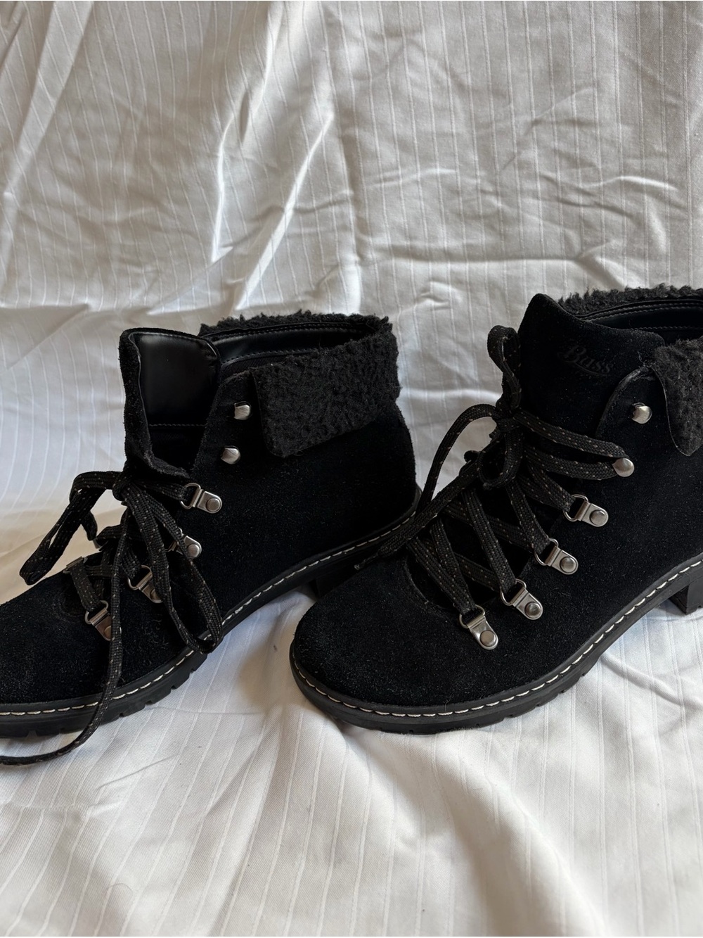 Bass Black Suede Lace-Up Ankle Boots with Sherpa Trim